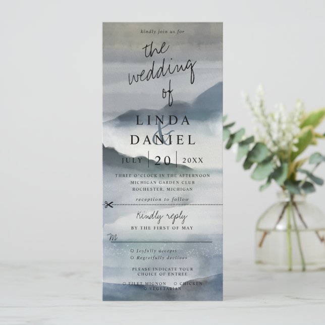 watercolor misty mountains wedding invite w rsvp (Standing Front)