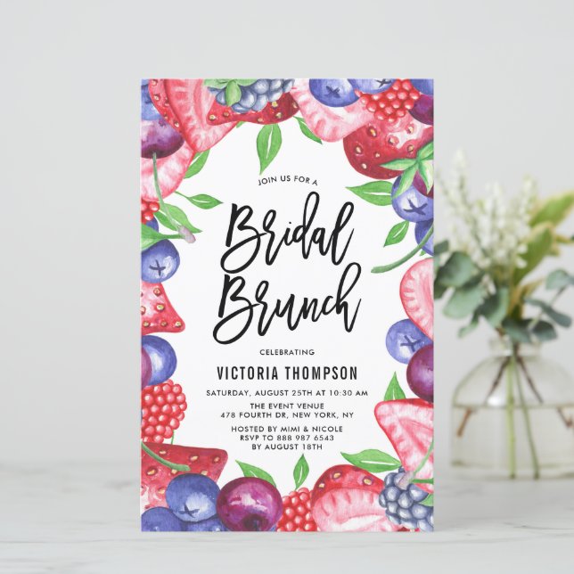 Watercolor Mix Berries Summer Bridal Brunch Invite (Standing Front)