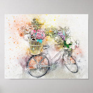 Watercolor Mix Media Bike & Flowers 1 Poster