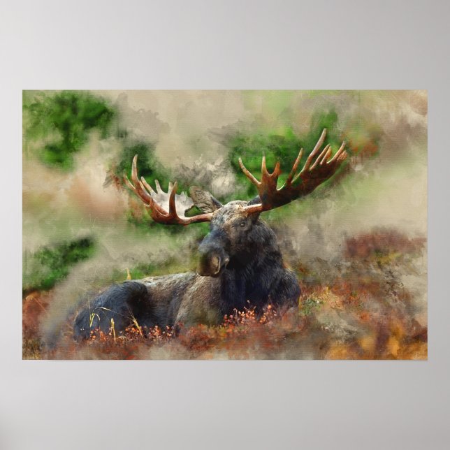 Watercolor Mix Media Moose Poster (Front)