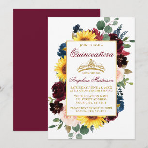 Watercolor Mixed Burgundy Floral Gold Quinceanera Invitation