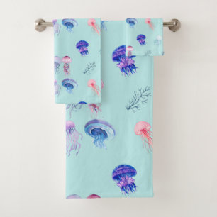 Watercolor Mixed Colourful Jellyfish Blue Bath Towel Set