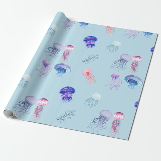 Watercolor Mixed Colourful Jellyfish Blue Wrapping Paper (Unrolled)