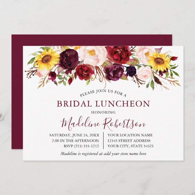 Watercolor Mixed Floral Burgundy Bridal Luncheon Invitation (Front/Back)