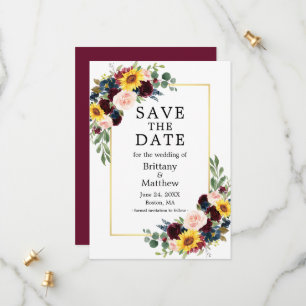 Watercolor Mixed Floral Burgundy Gold Elegant Save The Date