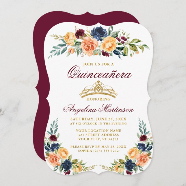 Watercolor Mixed Floral Burgundy Quinceanera Invitation (Front/Back)