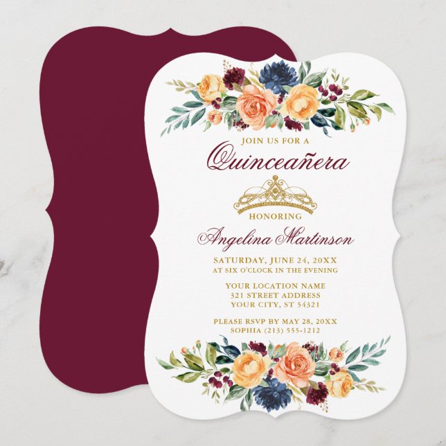 Watercolor Mixed Floral Burgundy Quinceanera Invitation (Front/Back)