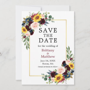Watercolor Mixed Floral Elegant Gold Frame Save The Date