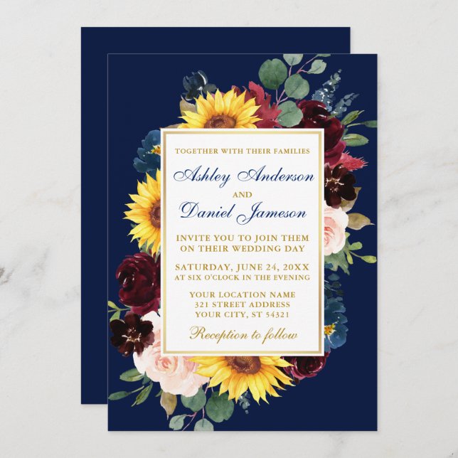 Watercolor Mixed Floral Frame Wedding Gold Blue Invitation (Front/Back)