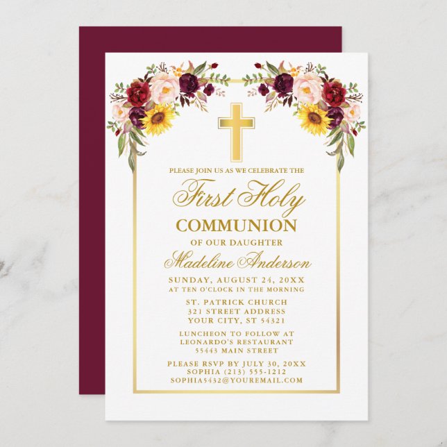 Watercolor Mixed Floral Gold First Communion Invitation (Front/Back)