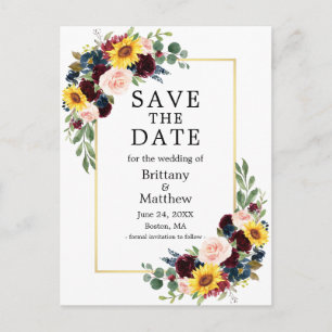 Watercolor Mixed Floral Gold Frame Save the Date Postcard