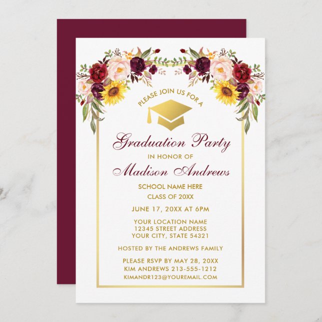 Watercolor Mixed Floral Gold Graduation Party Invitation (Front/Back)