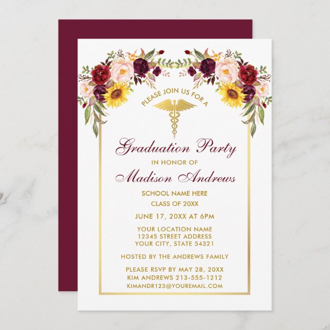 Watercolor Mixed Floral Gold Medical Grad Party Invitation (Front/Back)