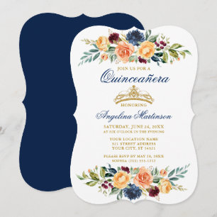 Watercolor Mixed Floral Greenery Blue Quinceanera Invitation