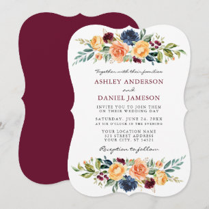 Watercolor Mixed Floral Greenery Burgundy Wedding Invitation
