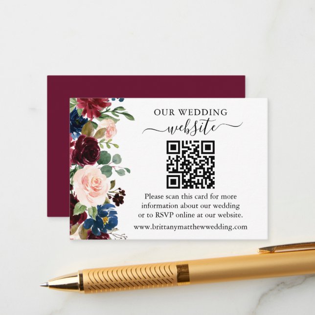 Watercolor Mixed Floral Wedding Website QR Enclosure Card (Front/Back In Situ)