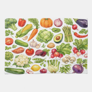 Watercolor Mixed Summer Vegetables and Herbs Tea Towel