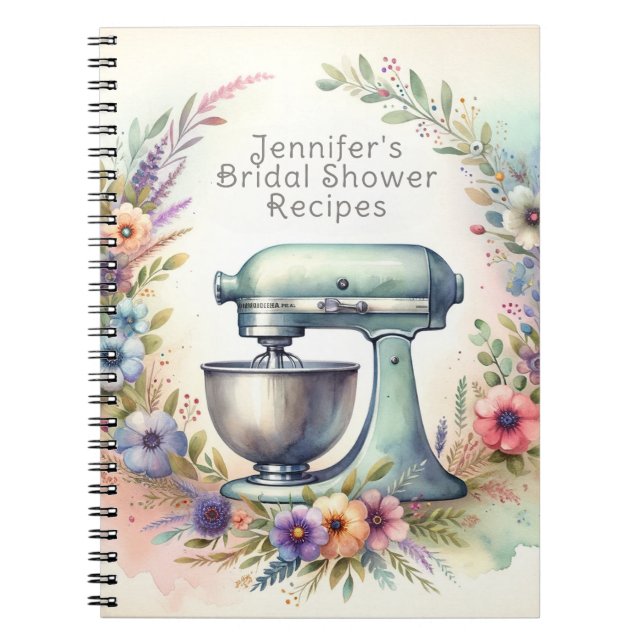 Watercolor Mixer & Flowers Bridal Shower  Notebook (Front)