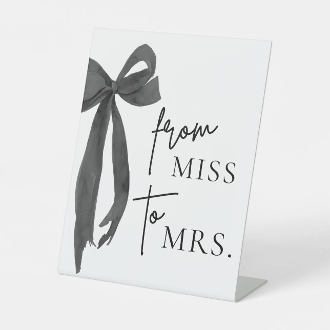 Watercolor Modern Black Bow From Miss to Mrs. Sign (Front)