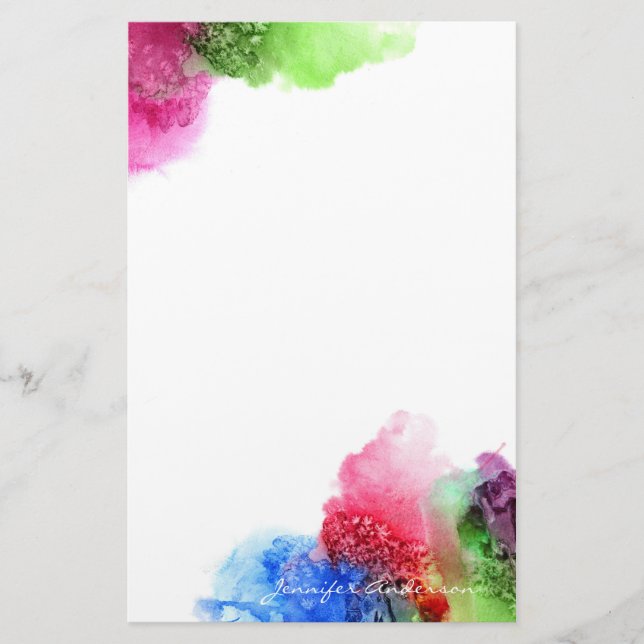 Watercolor Modern Blue Green Red Personalised Stationery (Front)
