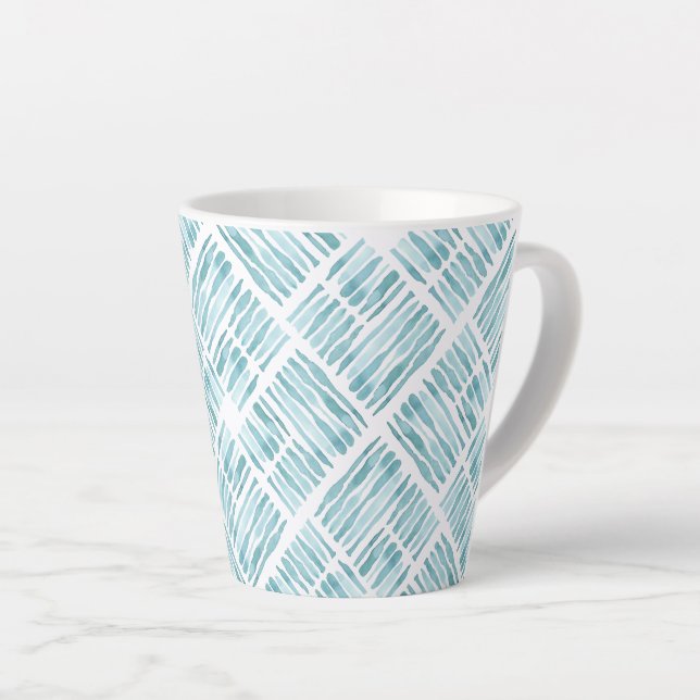 Watercolor Modern Blue Striped Diagonal Pattern Latte Mug (Right Angle)