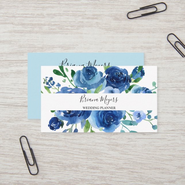 Watercolor Modern Floral Navy Blue Script Business Card (Front/Back In Situ)