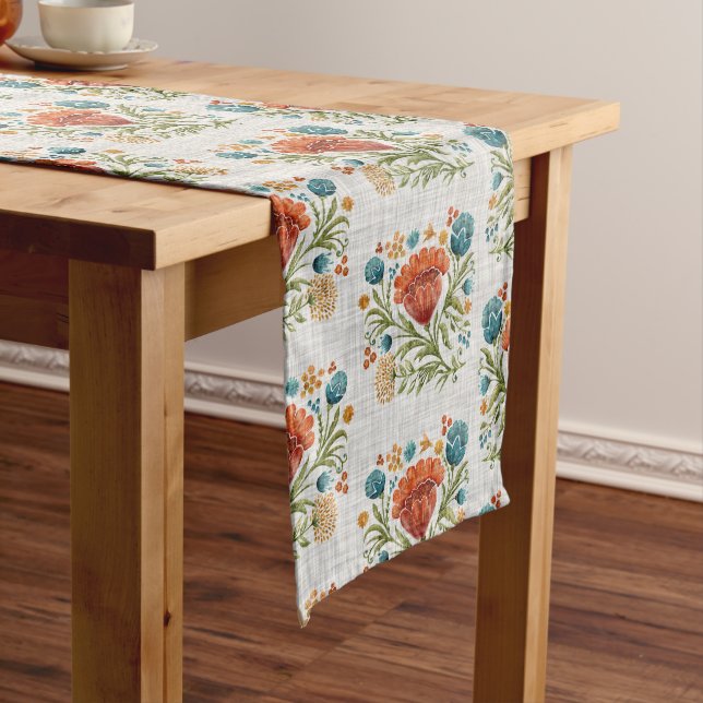 Watercolor Modern Flower Motif Earthy Whimsical   Medium Table Runner (In Situ)