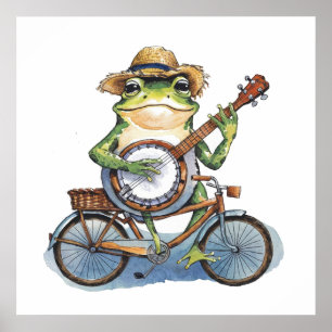 Watercolor modern green frog with guitar on cycle poster