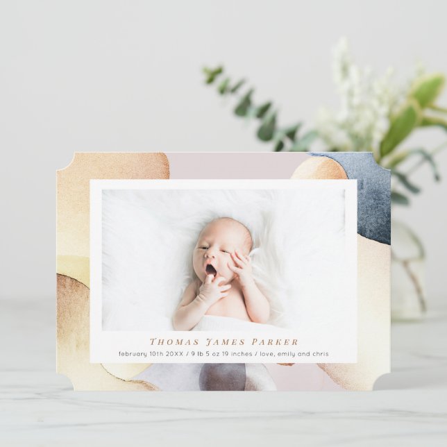 Watercolor Modern Photo Birth Announcement (Standing Front)