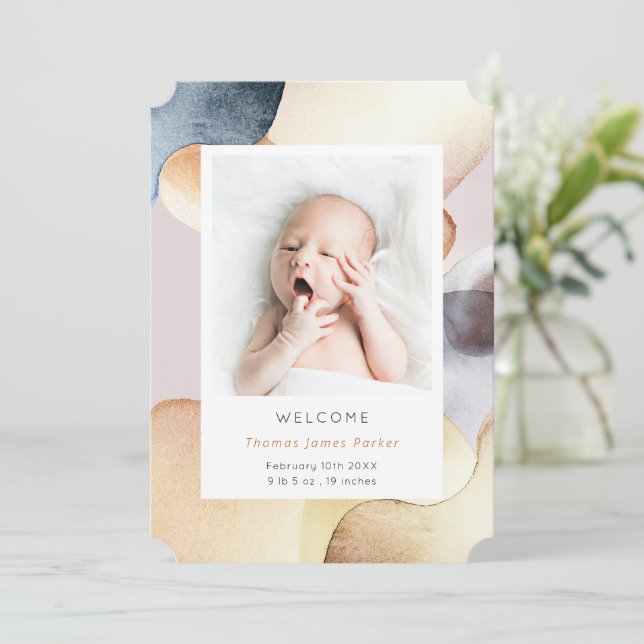 Watercolor Modern Photo Birth Announcement (Standing Front)