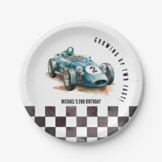 Watercolor Modern Race Car Boy Birthday Party  Paper Plate