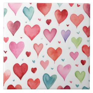 Watercolor Modern Red Pink Blue Heart Pattern Ceramic Tile