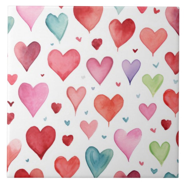 Watercolor Modern Red Pink Blue Heart Pattern Ceramic Tile (Front)