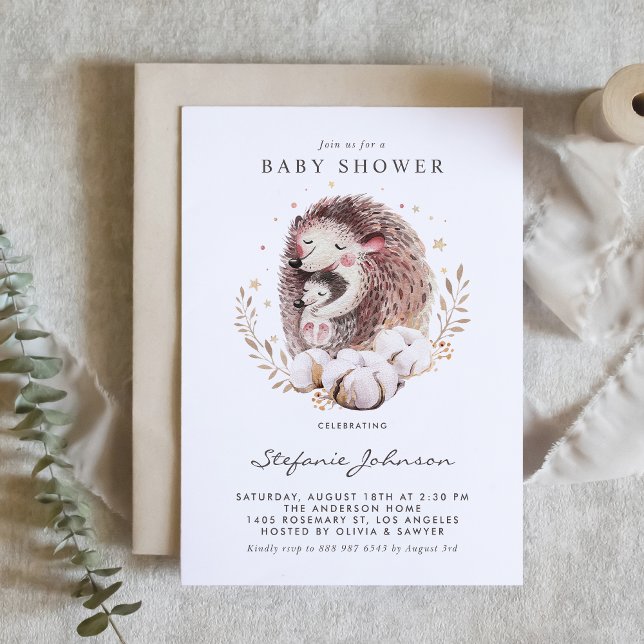 Watercolor Mommy and Baby Hedgehog Baby Shower Invitation (Woodland baby shower invitation featuring boho watercolor mommy and baby hedgehogs. )