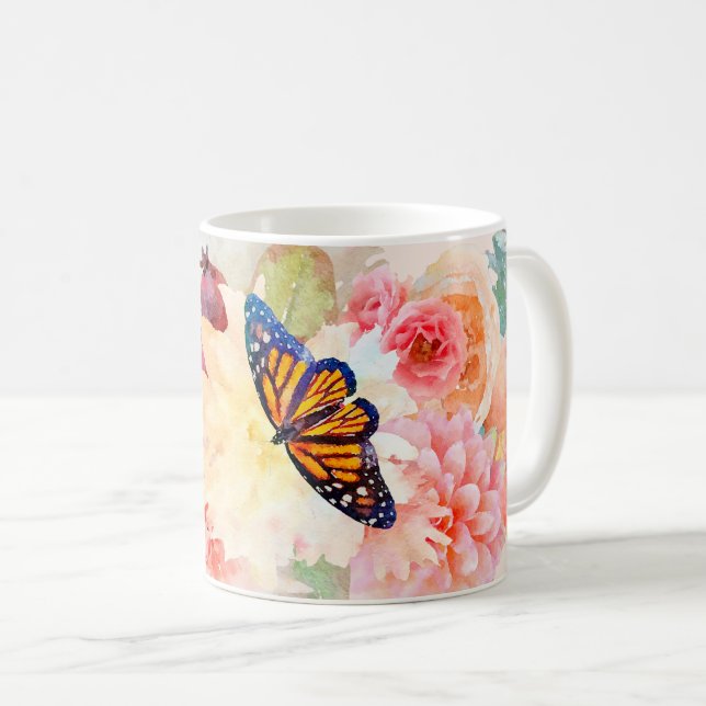 Watercolor Monarch Butterflies In Flower Garden Coffee Mug (Front Right)