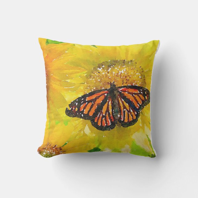 Watercolor Monarch Butterfly On Sunflowers Cushion (Front)