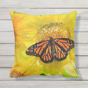 Watercolor Monarch Butterfly On Sunflowers Cushion