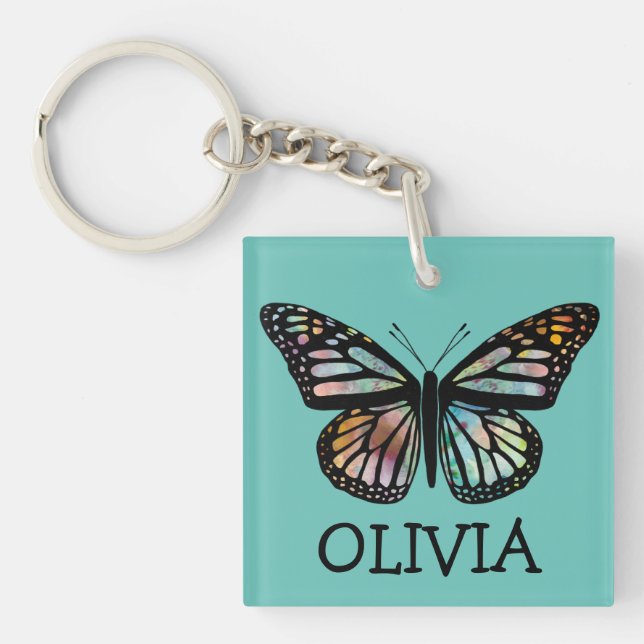 Watercolor Monarch Butterfly Teal CUSTOMIZE IT Key Ring (Front)