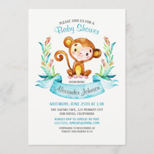 Watercolor Monkey Boy Baby Shower Invitation