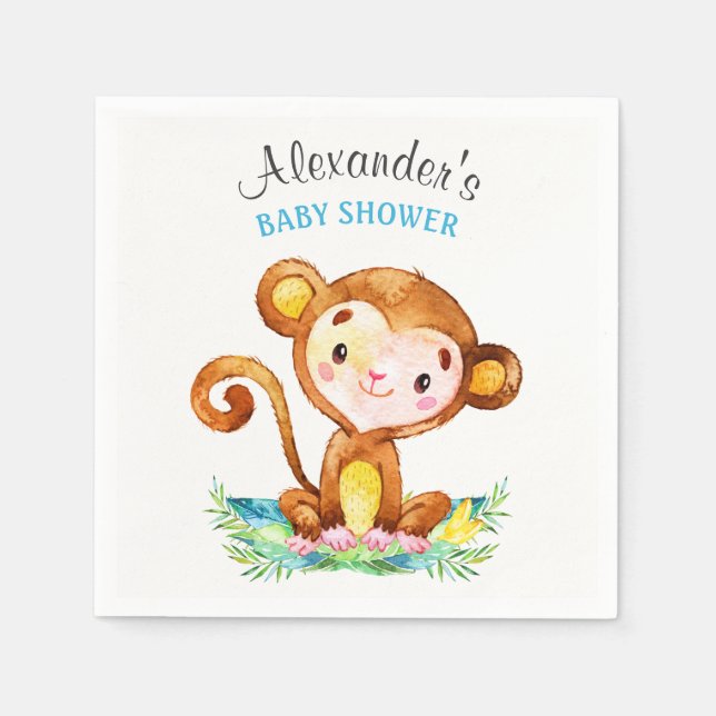 Watercolor Monkey Boy Baby Shower Napkin (Front)