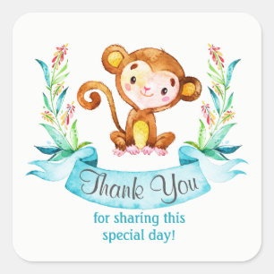 Watercolor Monkey Boy Thank You Square Sticker