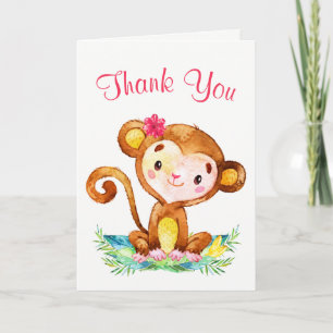 Watercolor Monkey Girl Thank You Card