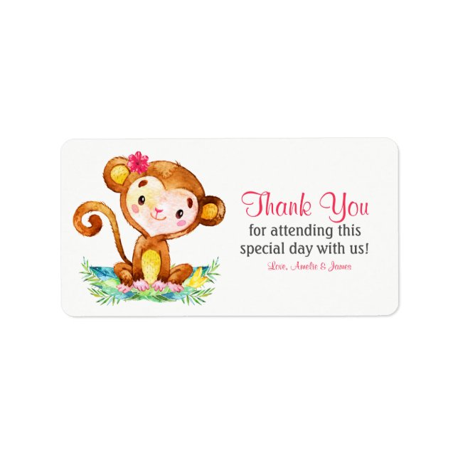 Watercolor Monkey Girl Thank You Label (Front)