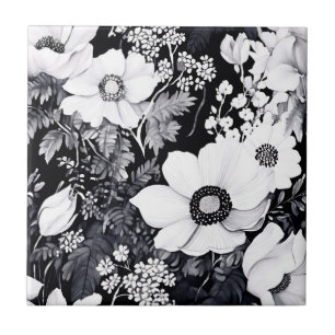 Watercolor Monochrome Garden with Intricate Floral Ceramic Tile