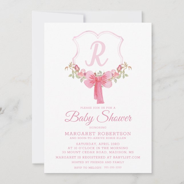 Watercolor Monogram Baby Shower Invitation (Front)