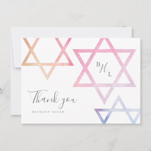 Watercolor Monogram Bat Mitzvah Thank You Card (Front)