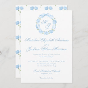 Watercolor Monogram Blue Hydrangea Wreath Wedding Invitation