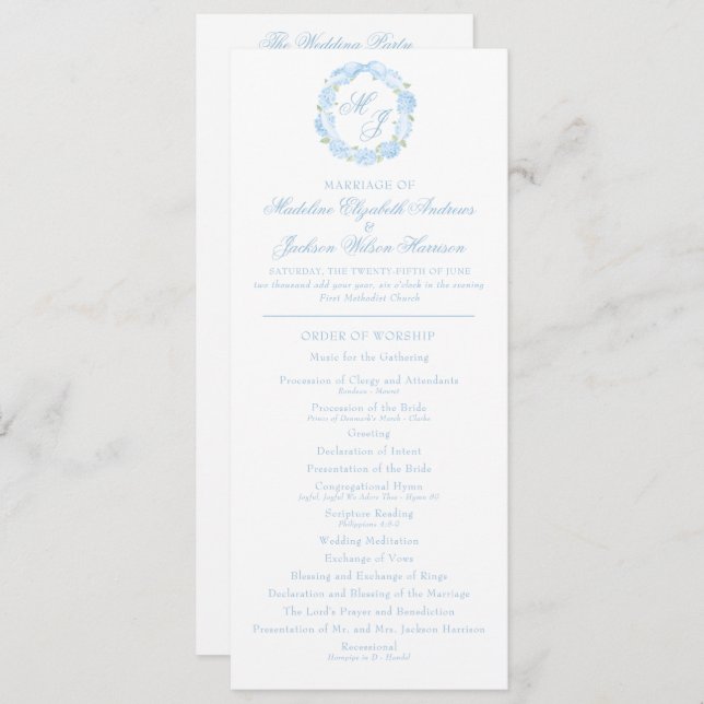 Watercolor Monogram Blue Hydrangea Wreath Wedding Program (Front/Back)