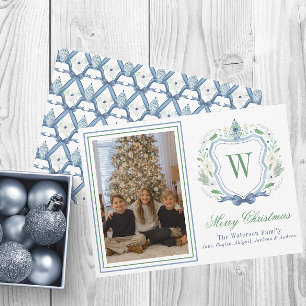 Watercolor Monogram Chinoiserie Jar Crest Photo Holiday Card