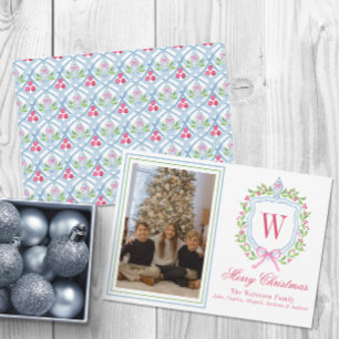 Watercolor Monogram Chinoiserie Jar Crest Photo Holiday Card